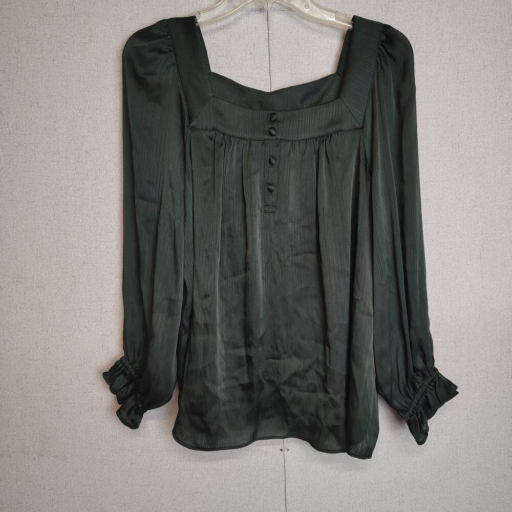 LC Lauren Conrad Womens S Dark Green Blouse Square Neck Puff Sleeve Romantic NWT